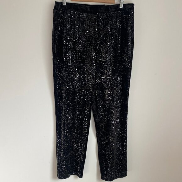 Chico's Black Sequin Velvet Mixed Media Pull On Ankle Pants Size 14 - Picture 2 of 12